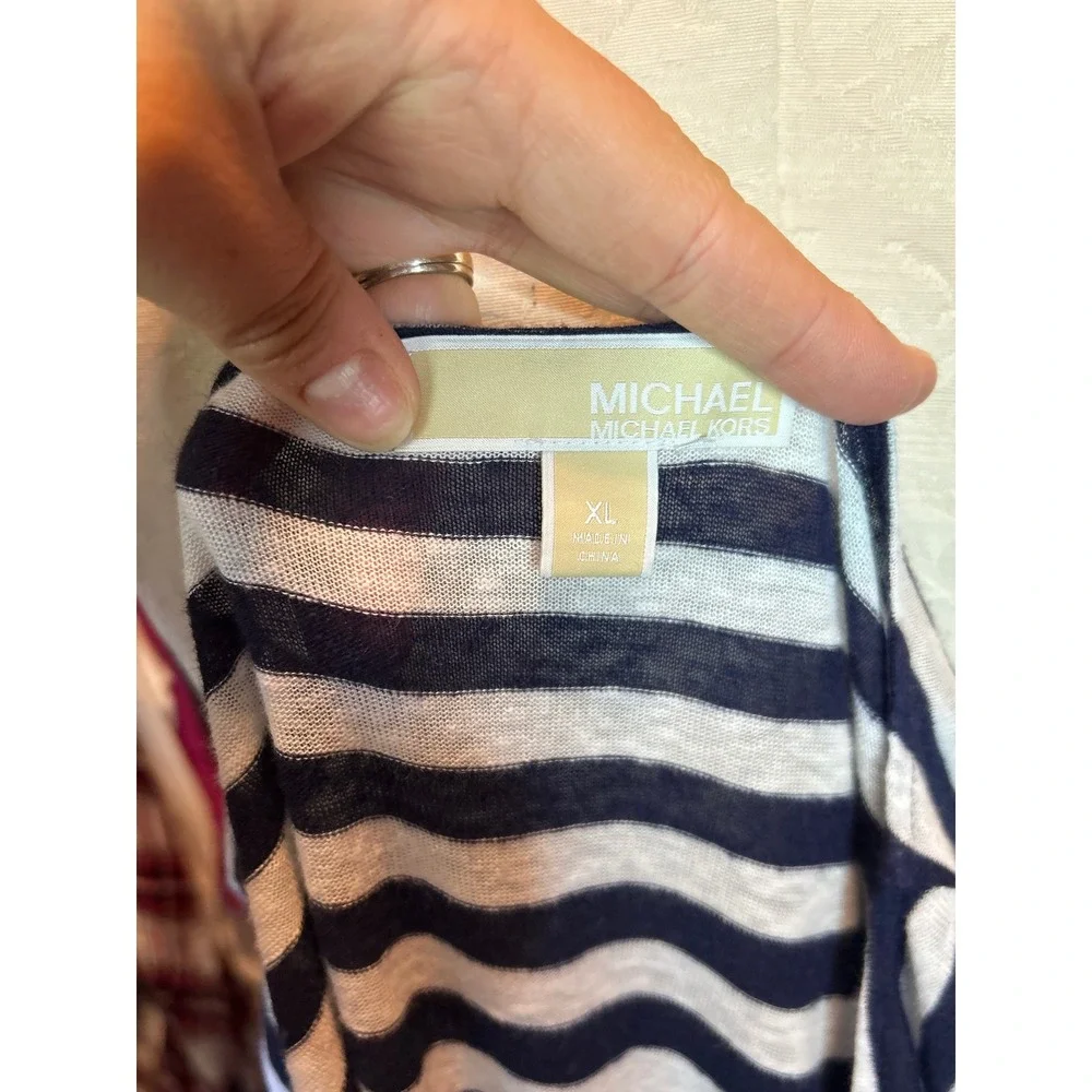 Michael Kors Navy Blue White Striped Wrap Top Side Tie Short Sleeve Linen XL